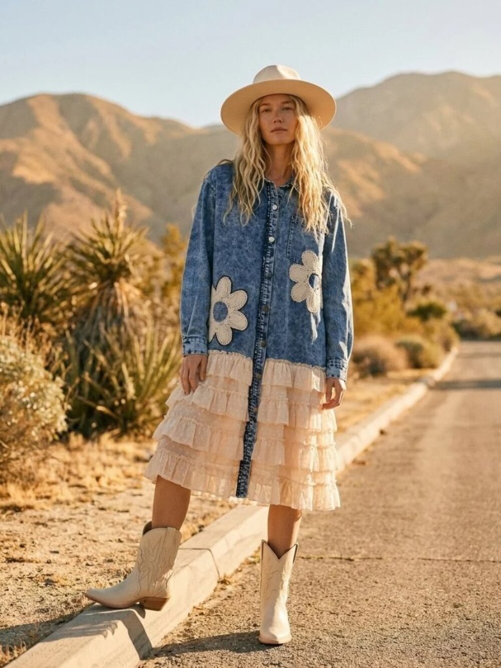 MELLO Floral Patch Denim Shirt Dress Lace Ruffle Hem